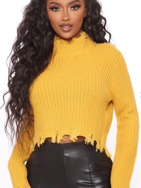 Fashion Nova Mustard Yellow Distressed Cropped Sweater